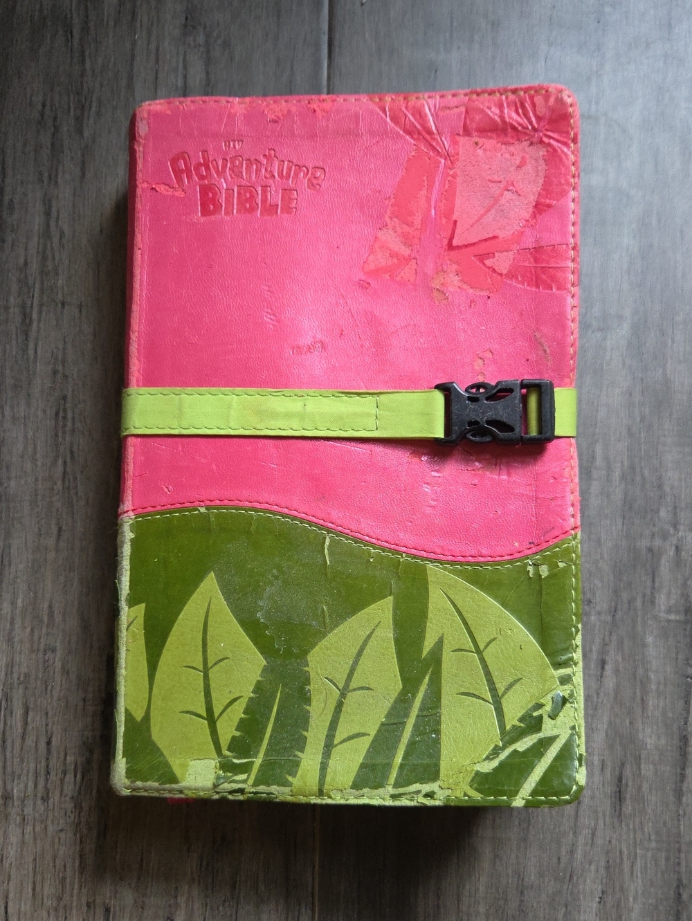 KIDS ADVENTURE BIBLE Cover in Pink and Green with Secure Strap